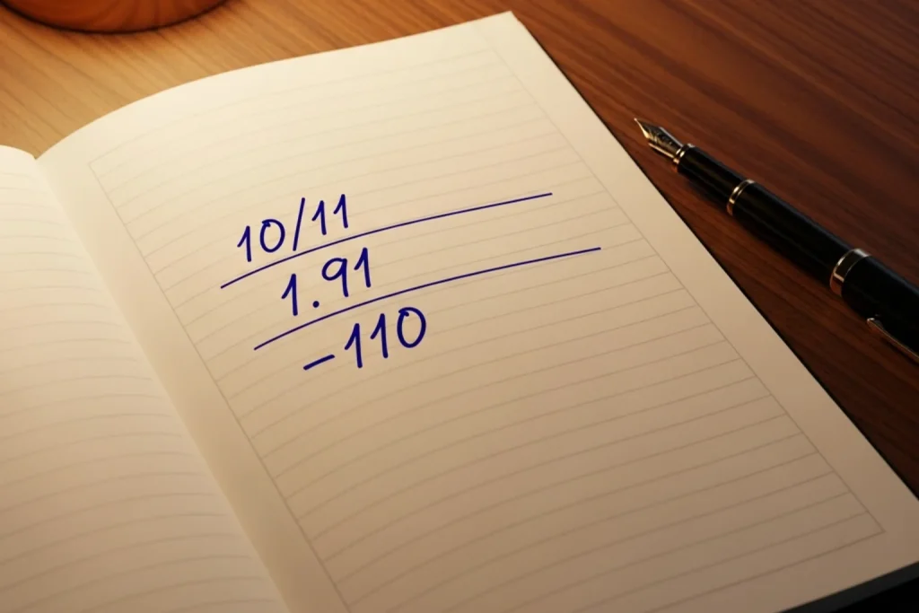 Open notebook on dark wooden desk with three handwritten odds notations - fractional, decimal and American - side by side