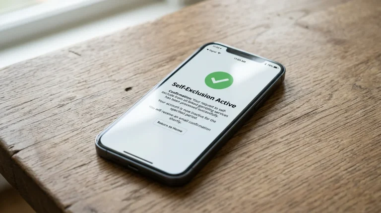 Smartphone screen showing a generic self-exclusion confirmation page with a tick icon and the words self-exclusion active, on a wooden table in soft daylight