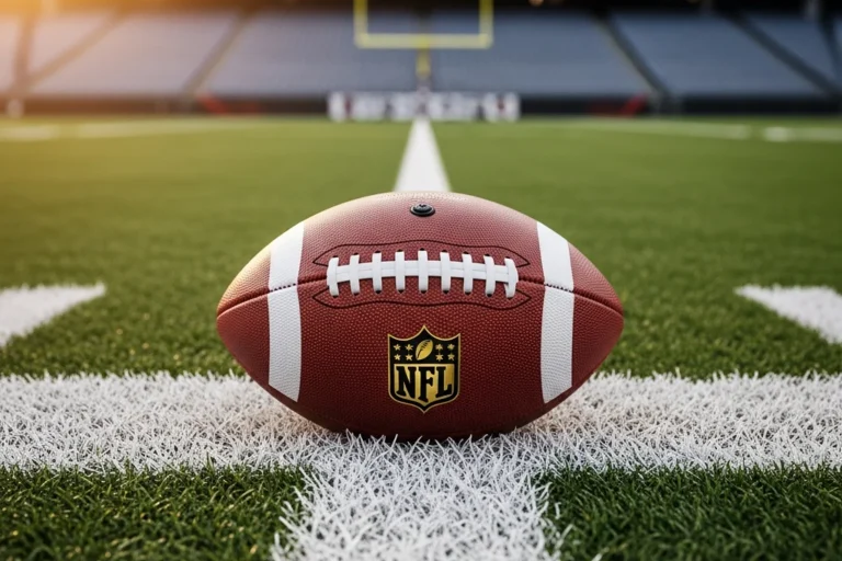Regulation NFL American football resting on the white goal-line chalk of a green NFL stadium pitch at sunrise
