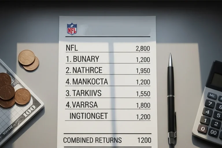 Handwritten paper accumulator betting slip with four NFL fixtures in fractional odds on a light grey desk beside a black pen