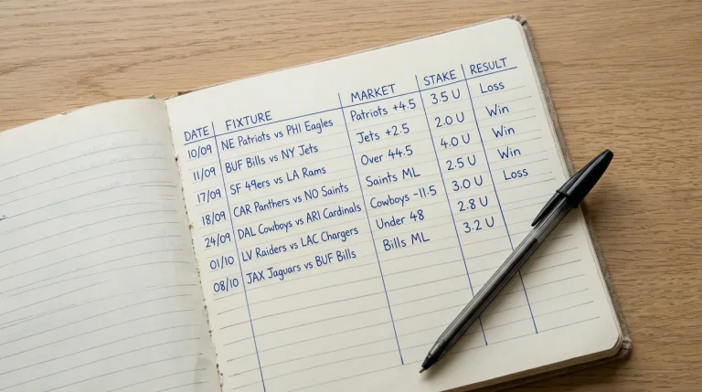 Open paper bet-tracking journal on a desk with handwritten columns for date, fixture, market, stake and result partly filled in pen, with a black pen across the corner