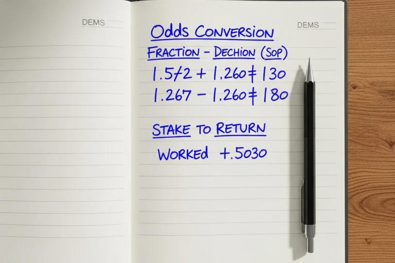 Open paper notebook on a wooden desk with handwritten fractional-to-decimal odds conversion notes and a stake-to-return worked example beside a mechanical pencil