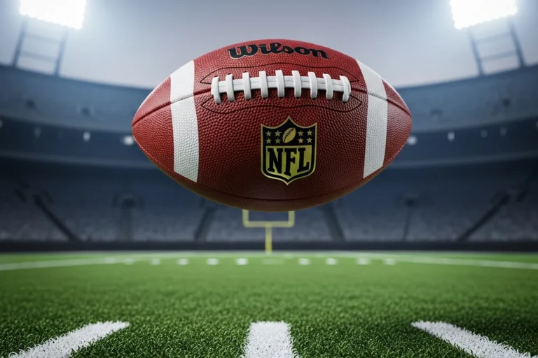 Regulation NFL American football mid-flight above the green pitch of an NFL stadium under evening floodlights