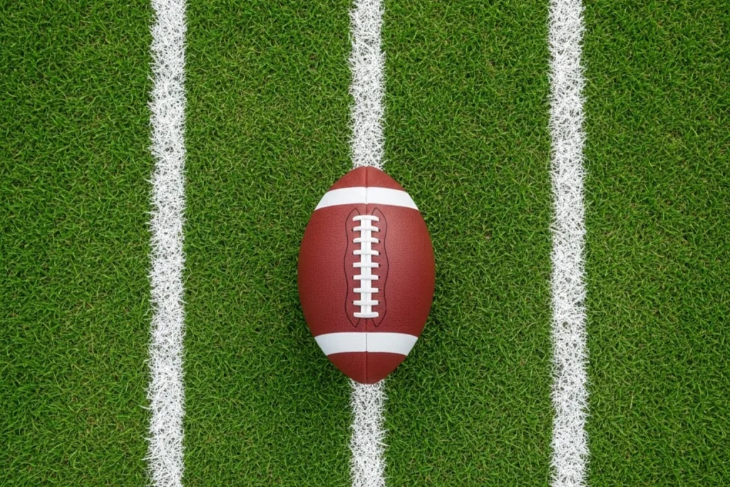 American football and white chalk lines on grass illustrating the three core NFL bet types for UK punters