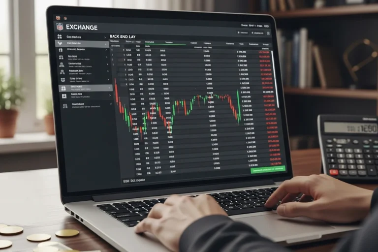 Laptop screen showing a generic NFL betting exchange interface with back and lay price columns on a dark wooden desk