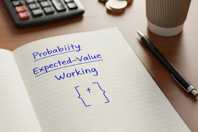 Open paper notebook on a wooden desk with handwritten probability and expected-value working in pen beside a mechanical pencil and a paper coffee cup