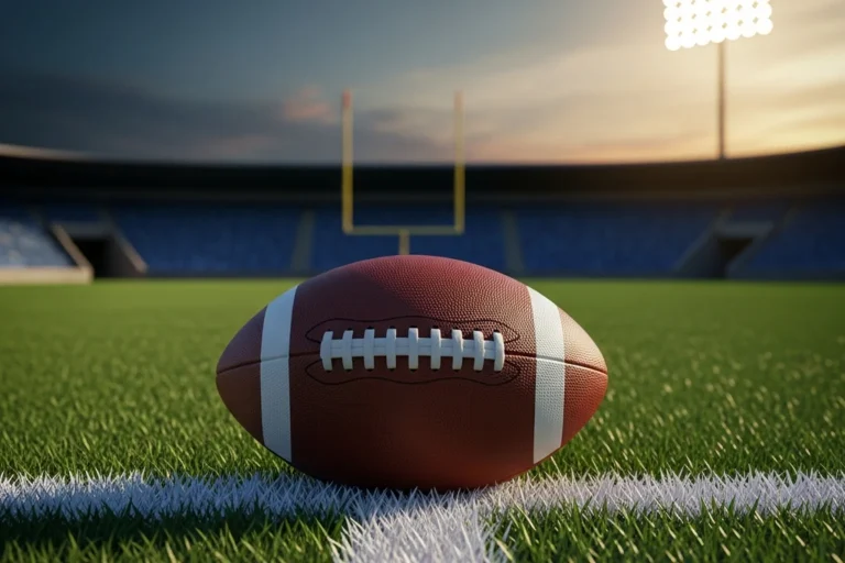 American football resting on green field hash marks under stadium floodlights at twilight