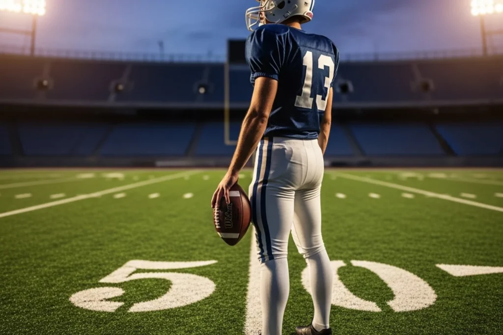NFL quarterback in full uniform with helmet and pads holding an American football at the midfield of a floodlit NFL stadium at dusk