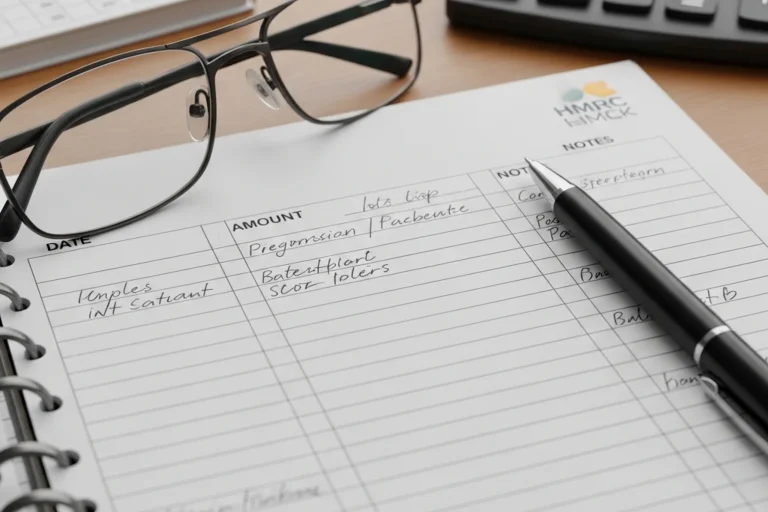 Printed personal finance ledger on a desk with handwritten columns for date, amount and notes, beside reading glasses and a black pen