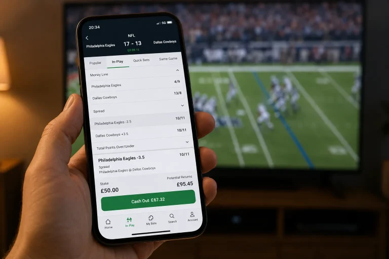 Smartphone screen showing a UK in-play NFL bet with a cash-out value displayed next to the original stake, held in front of a TV showing the game