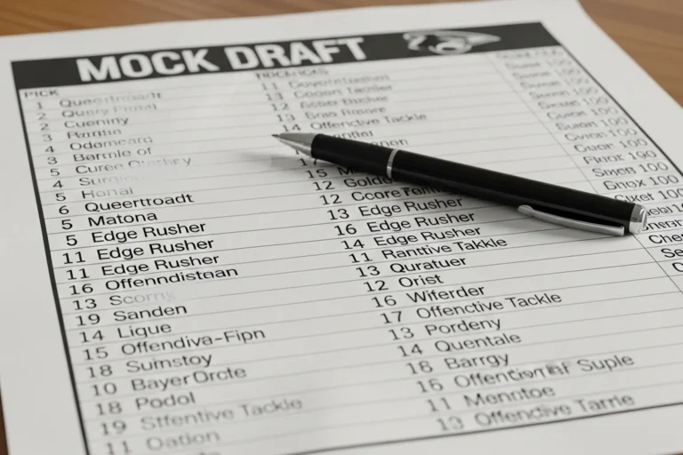 Printed mock draft sheet on a kitchen table with handwritten generic positions beside each pick number and a ballpoint pen across the page