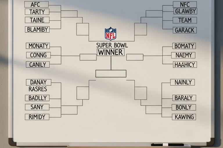 Hand-drawn NFL season bracket on a wall-mounted whiteboard showing AFC and NFC conferences leading to a central Super Bowl winner slot