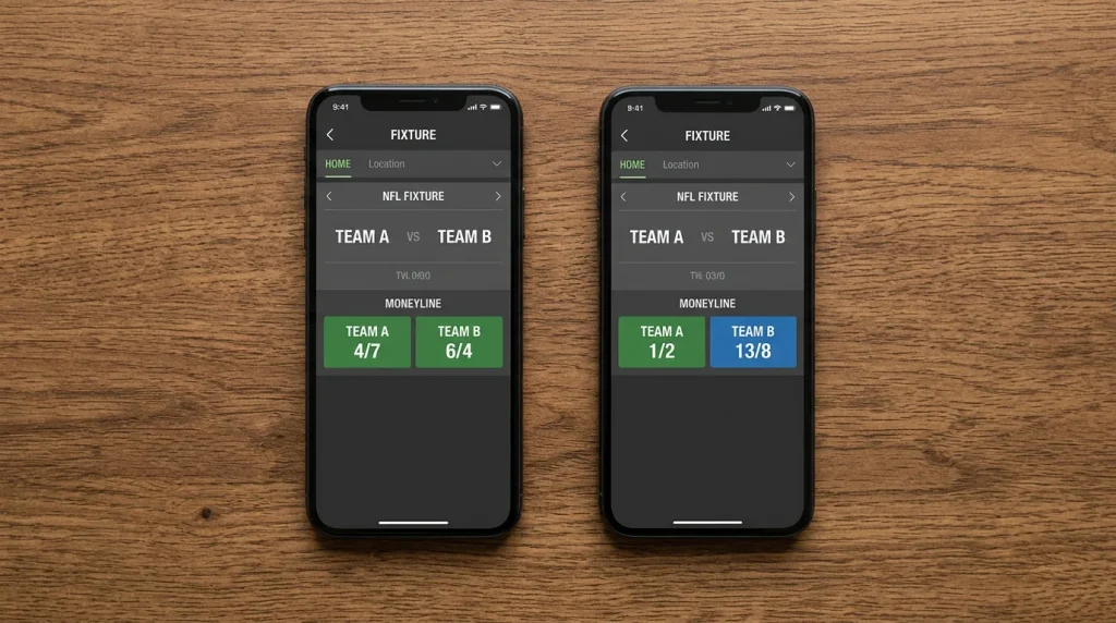 Two smartphones side by side on a wooden desk each showing a generic UK sportsbook NFL fixture page with slightly different fractional odds