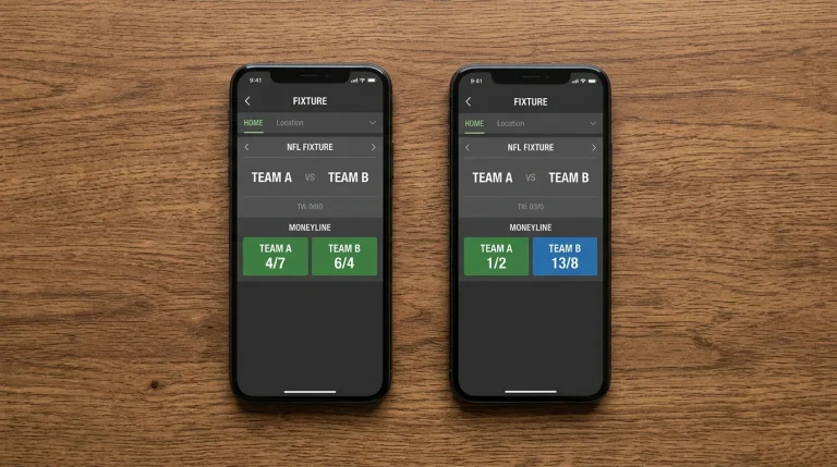 Two smartphones side by side on a wooden desk each showing a generic UK sportsbook NFL fixture page with slightly different fractional odds