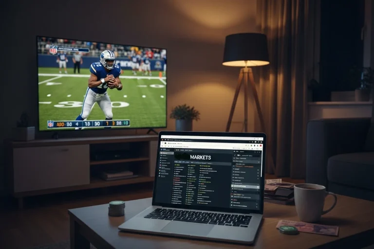 UK living room at night with a wall-mounted television showing an NFL game and a laptop on the coffee table displaying live betting markets