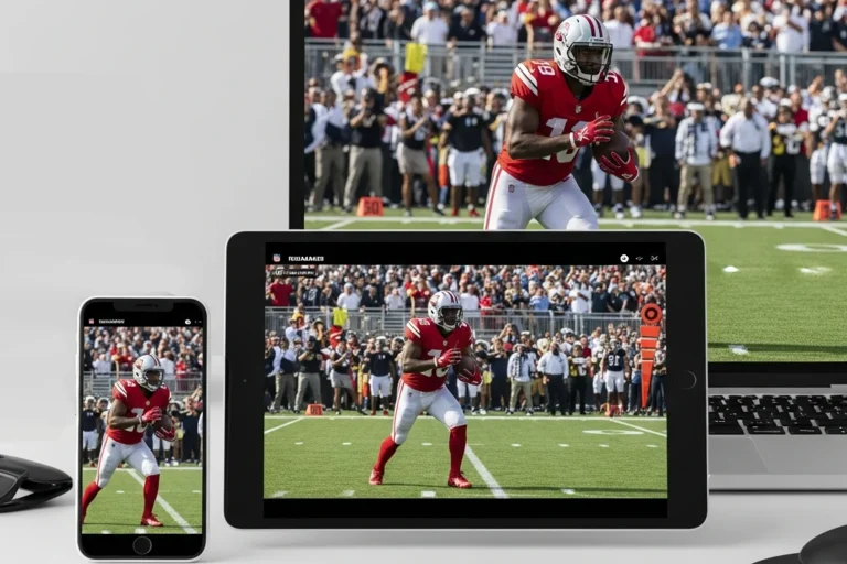 Smartphone, tablet and laptop on a white desk each showing the same generic NFL American football game frame mid-play