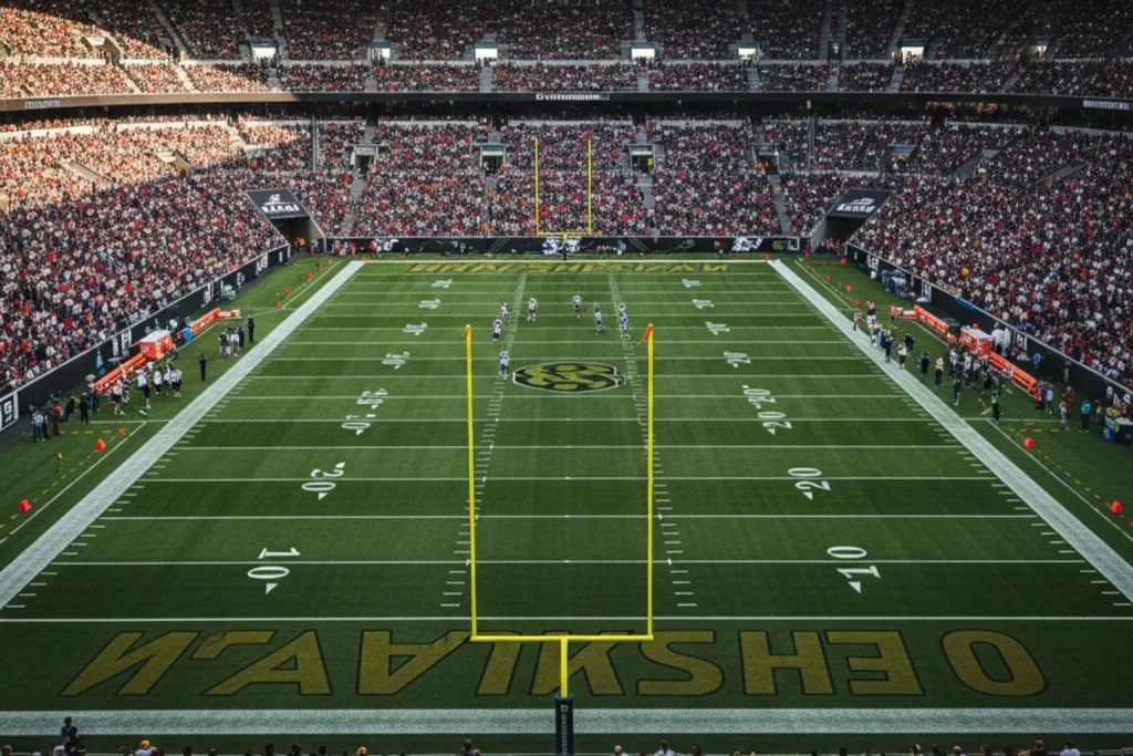 Wide view of a packed European football stadium converted for an American football game with goalposts and yard markings on the grass