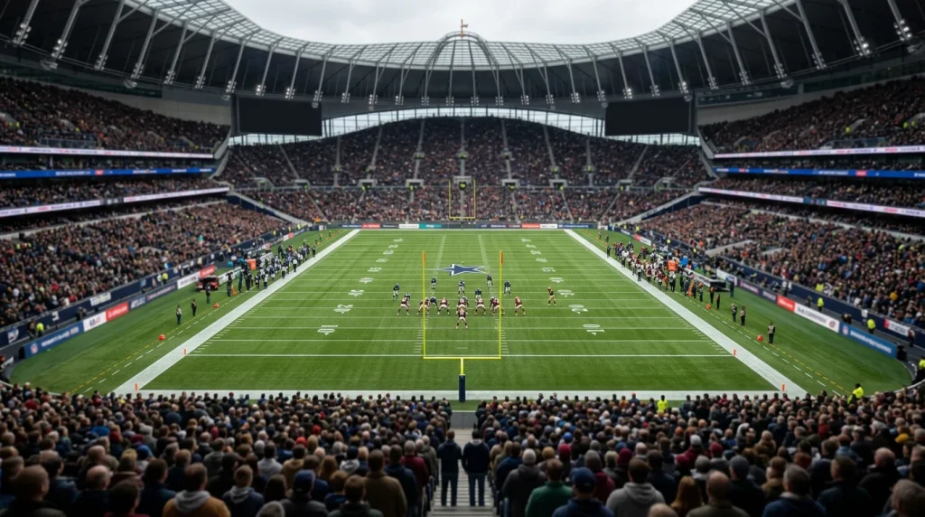 Packed London stadium during an American football match on an autumn afternoon with a grass pitch in NFL markings under an overcast sky