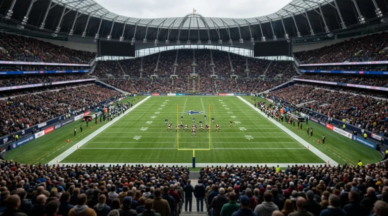 Packed London stadium during an American football match on an autumn afternoon with a grass pitch in NFL markings under an overcast sky