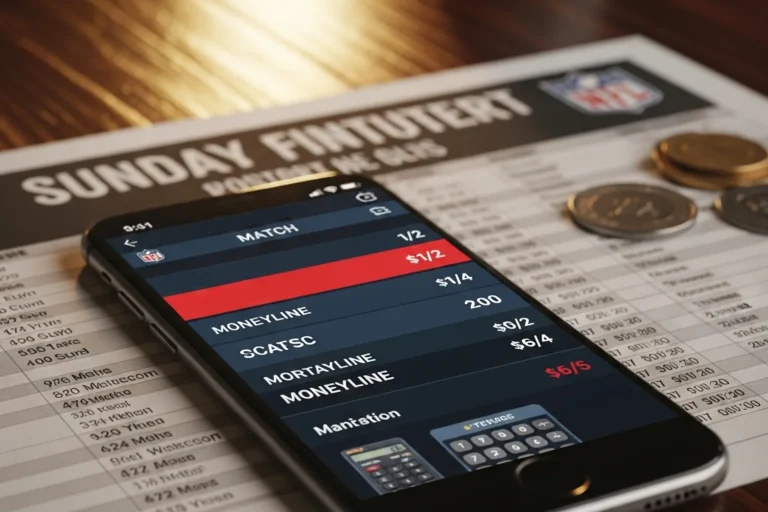 Smartphone displaying NFL moneyline prices in fractional odds on a UK sportsbook page, resting on a wooden bar table