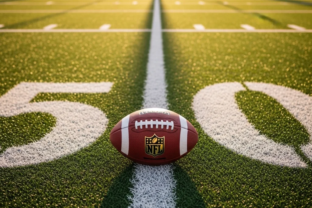 Single regulation NFL American football resting at midfield on a green NFL stadium pitch with painted yard numbers in late afternoon light