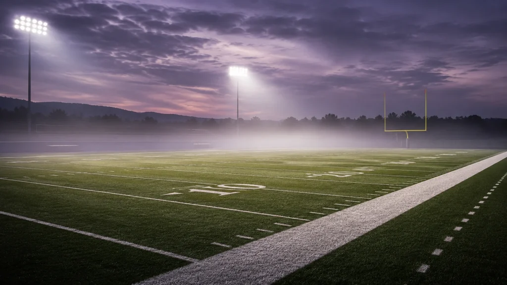 Empty American football pitch under floodlights at dusk with goalposts and regulation field markings
