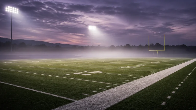 Empty American football pitch under floodlights at dusk with goalposts and regulation field markings