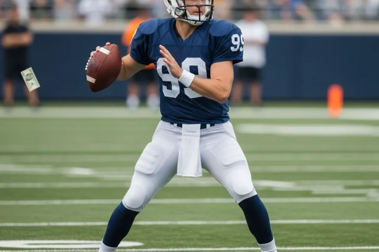 American football quarterback in a navy jersey, white helmet and shoulder pads in mid-throwing motion on a grass pitch