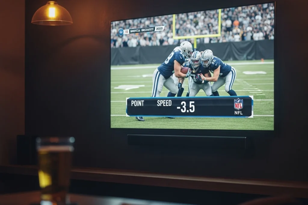 Television in a UK sports bar showing an NFL American football game with a point spread handicap line on the scoreboard overlay
