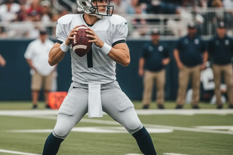 American football quarterback in a white jersey, helmet and shoulder pads in mid drop-back gripping the ball with both hands on an outdoor pitch