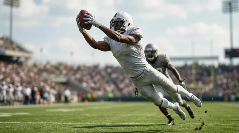 American football wide receiver in a light-coloured jersey, helmet and shoulder pads leaping to catch the ball with arms outstretched on a sunlit pitch