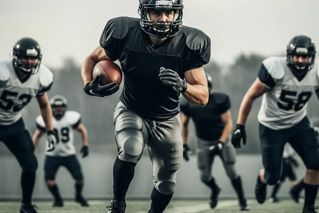 American football running back in a dark jersey, helmet and shoulder pads carrying the ball with both arms through the line of scrimmage on a grass pitch