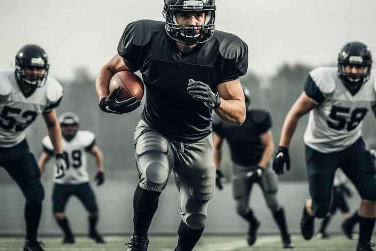 American football running back in a dark jersey, helmet and shoulder pads carrying the ball with both arms through the line of scrimmage on a grass pitch