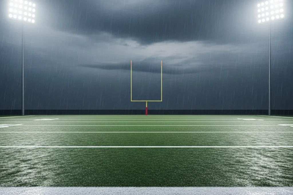 Outdoor American football pitch during heavy rain with raindrops visible against floodlights and water pooling on the white field markings