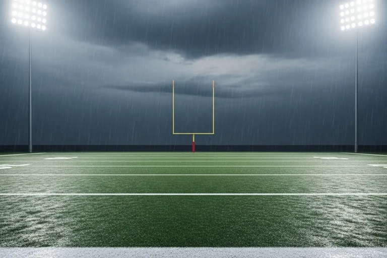 Outdoor American football pitch during heavy rain with raindrops visible against floodlights and water pooling on the white field markings