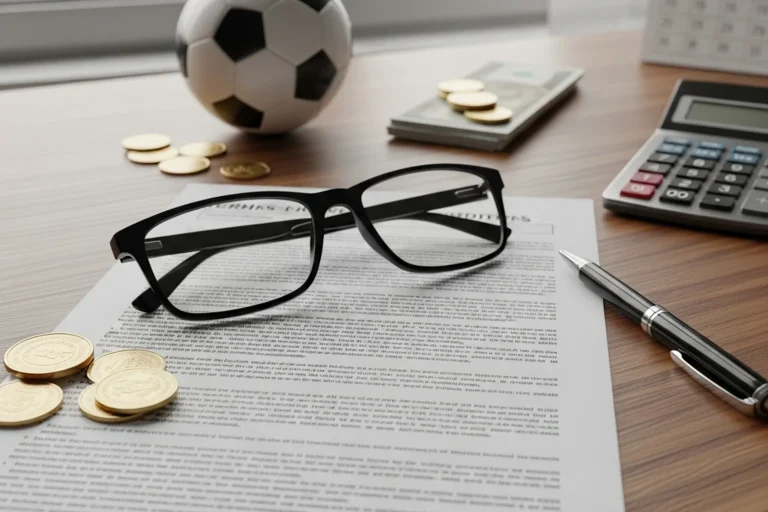 Printed page of betting site terms and conditions on a wooden desk with reading glasses and a black ballpoint pen resting on top