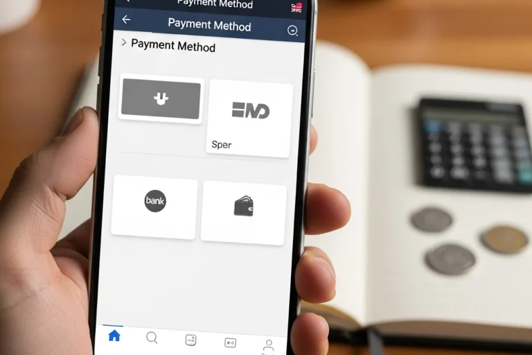 Smartphone screen showing a generic payment-method selection page on a UK sportsbook app, held over a wooden desk with a notebook in the soft-focus background