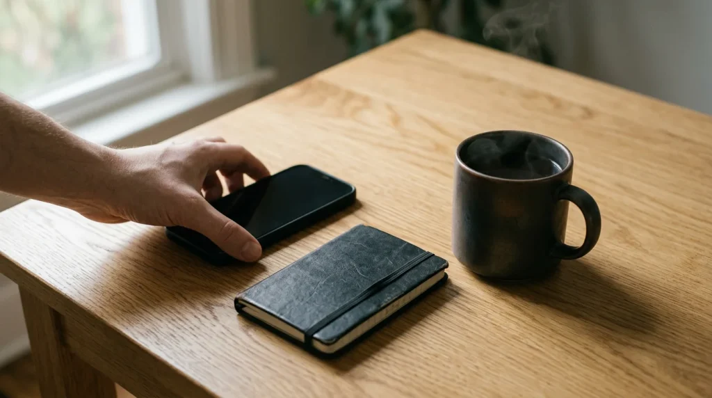 Hand setting down a smartphone face-down on a wooden table next to a closed notebook in soft natural light
