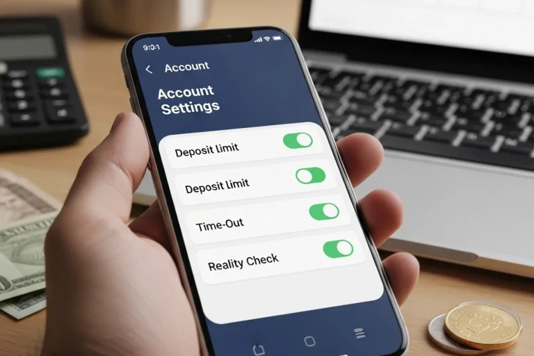 Smartphone screen showing a generic account settings page with toggles labelled deposit limit, time-out and reality check, on a desk next to a closed laptop