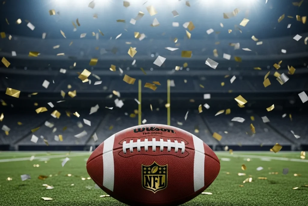Regulation NFL American football resting on the green pitch of an NFL stadium surrounded by metallic confetti under bright Super Bowl floodlights