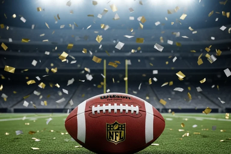 Regulation NFL American football resting on the green pitch of an NFL stadium surrounded by metallic confetti under bright Super Bowl floodlights