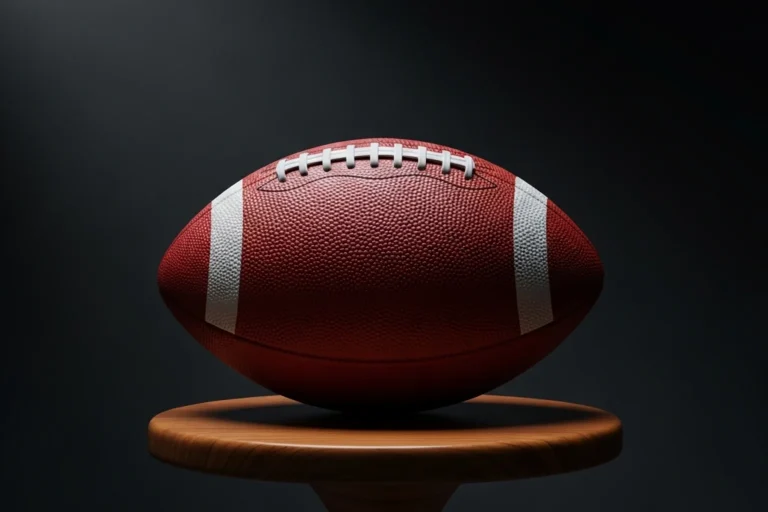 Studio-lit American football resting on a polished wooden pedestal against a deep charcoal backdrop
