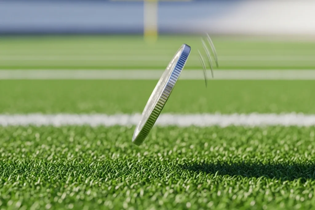 Silver coin captured mid-flip in the air against a soft grass-green background suggesting an American football pitch