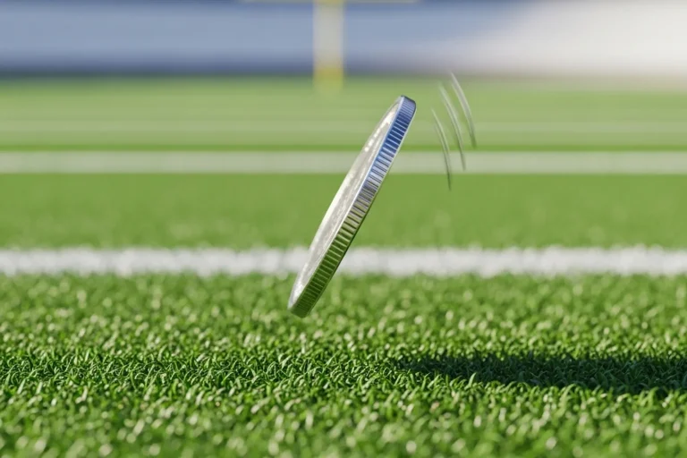 Silver coin captured mid-flip in the air against a soft grass-green background suggesting an American football pitch