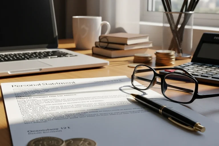 Generic printed personal-finance statement on a desk beside reading glasses and a black ballpoint pen, with text rendered photorealistic but unreadable at viewing distance