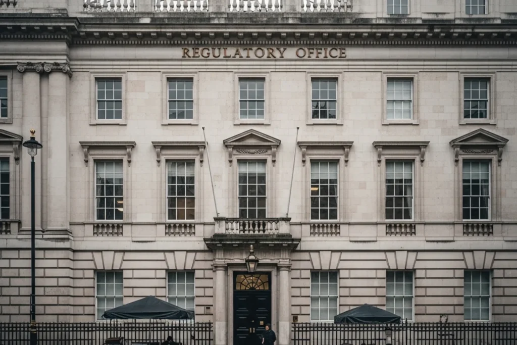 Generic regulatory office building exterior in central London on a grey overcast day with classical stone architecture and tall sash windows