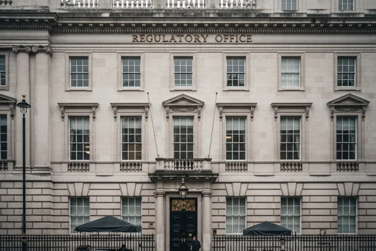Generic regulatory office building exterior in central London on a grey overcast day with classical stone architecture and tall sash windows